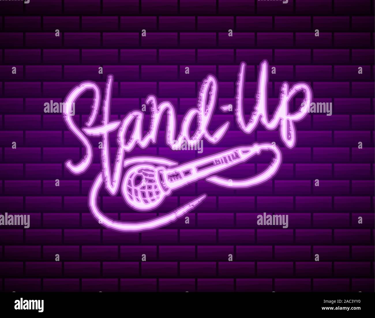 Lettering Stand Up on a brick wall. Calligraphic neon text comedy show. Engraved hand drawn in old vintage sketch for poster, web badge, label Stock Vector