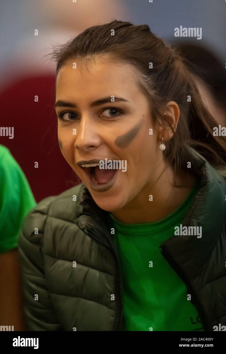 LONDON - ENGLAND NOV 28: Elena Castro Suarez (Miss Belgium) competing in the athletics competition at Lee Valley High Performance Athletics Centre, Lo Stock Photo