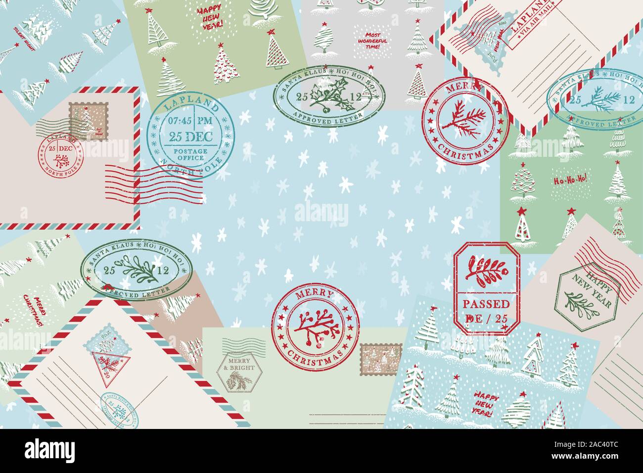 Celebration background with vintage air mail postcard and envelope, textured grunge christmas postage rubber stamps Xmas holiday symbols in Stock Vector