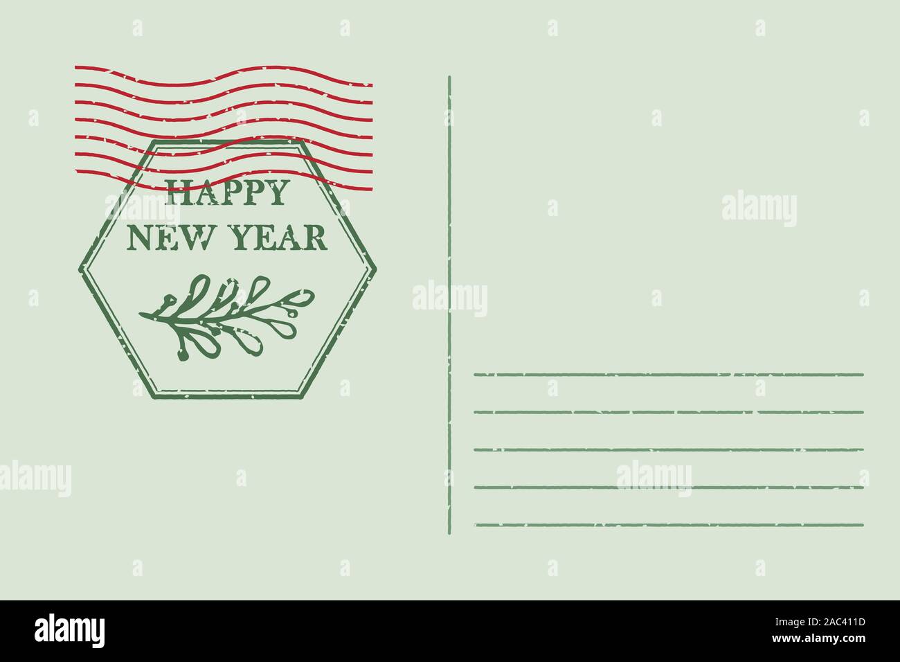 Template of vintage air mail postcard and envelope. Texture grunge christmas stamp rubber with holiday symbols in traditional colors. Place for your Stock Vector