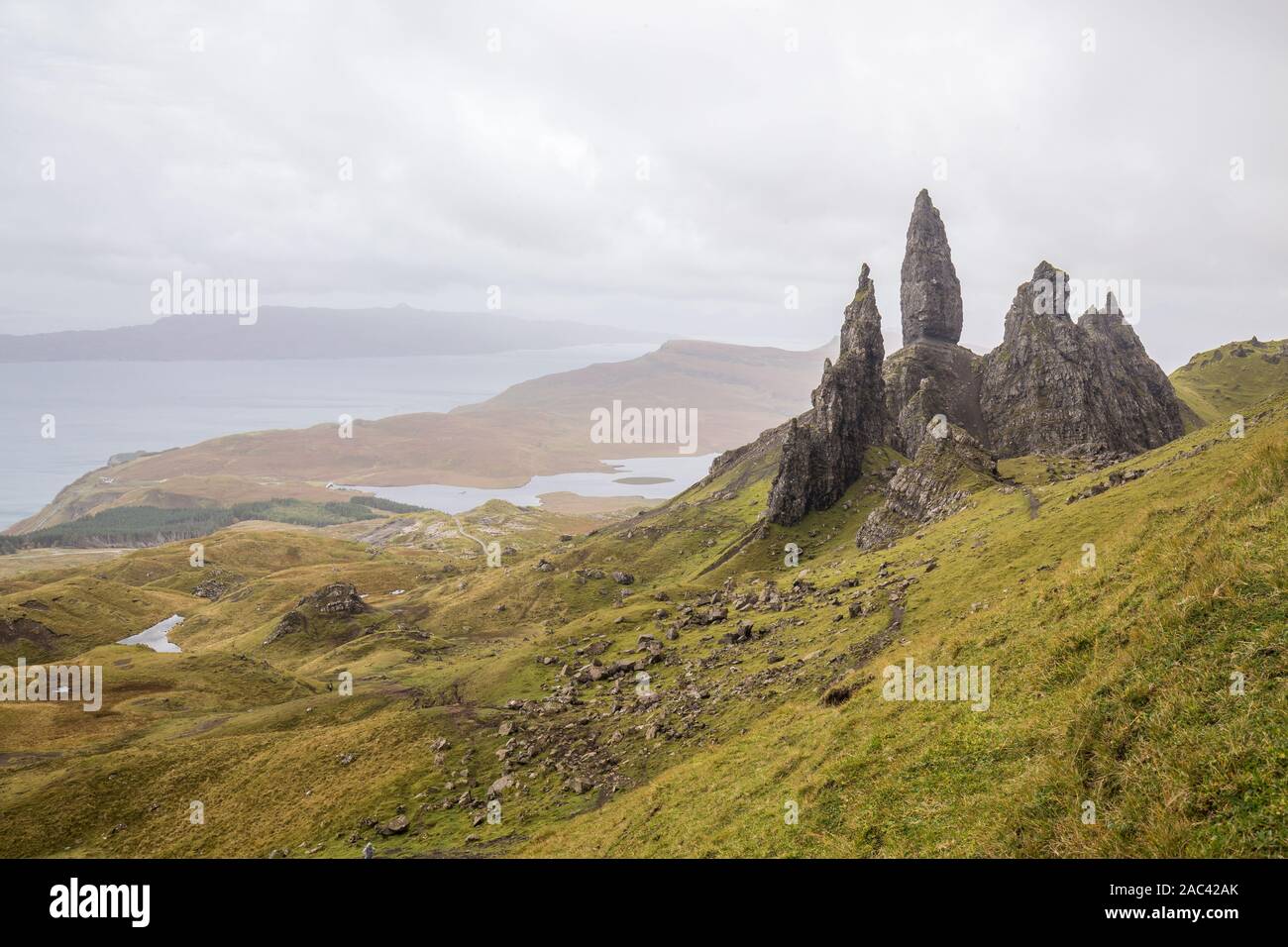 Beautiful autumn panoramic landscape in Scotland, wet weather outside ...