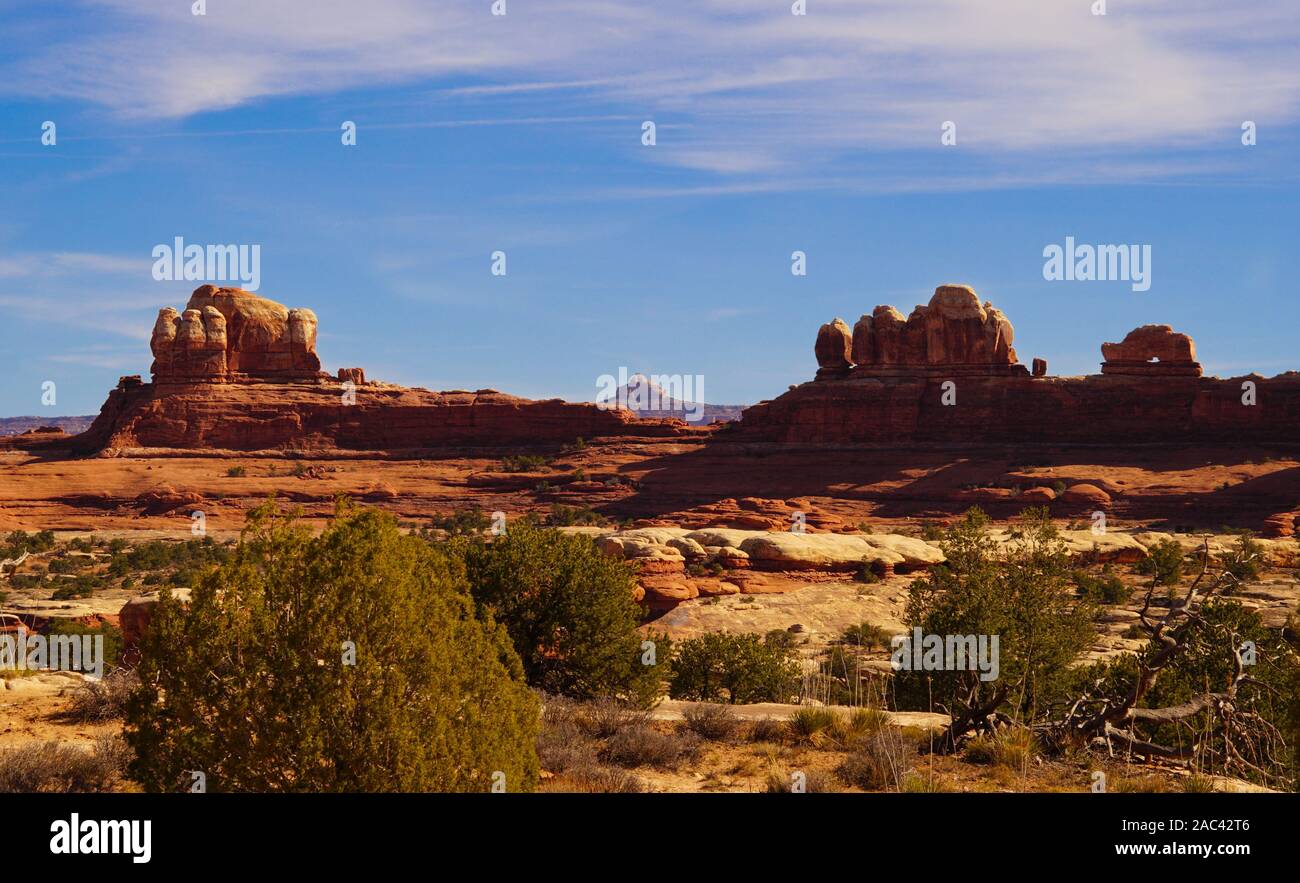 Sandstone towers and shoe are featured in this beautiful Canyonlands National Park landscape. Stock Photo