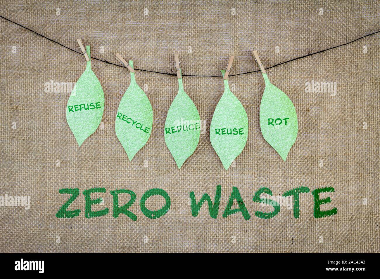 Zero Waste 5 Rs, refuse, reduce, reuse, recycle, rot on handmade recycled paper leaves on hemp notice board. Sustainable lifestyle concept. Stock Photo