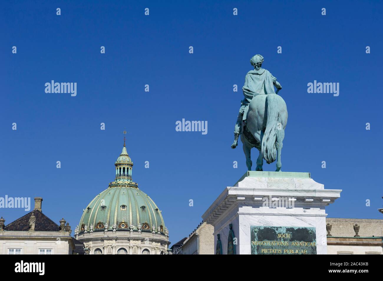 Sculpture of Frederik V on Horseback in Amalienborg Square in Copenhagen, Denmark Stock Photo