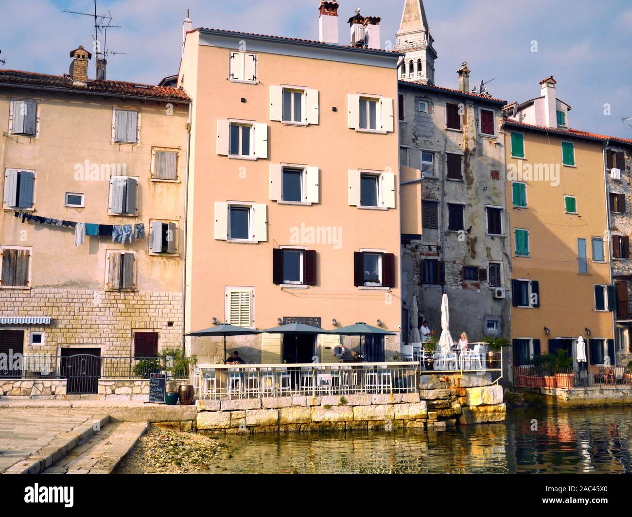 Residential buildings in beautiful medieval town of Rovinj in Croatia, located on Adriatic Sea, Istria Peninsula. Stock Photo