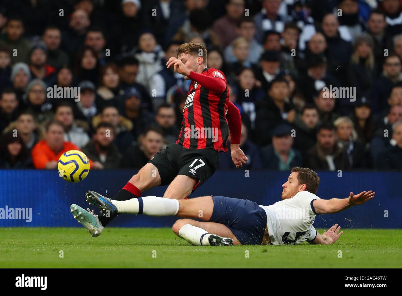 Bournemouth's defender Jack Stacey and Tottenham's defender Jan Vertonghen compete for the ball during the Barclays Premier League match between Tottenham Hotspur and Bournemouth at the Tottenham Hotspur Stadium, London, England. On the 30th November 2019. (Photo by AFS/Espa-Images) Stock Photo