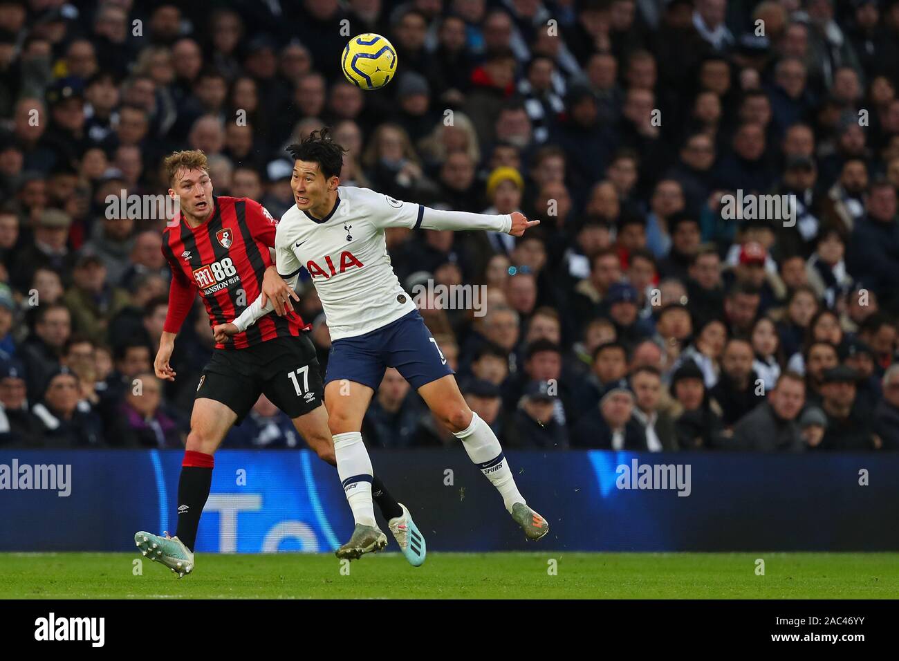 Bournemouth's defender Jack Stacey and Tottenham's forward Son Heung-Min compete for the ball during the Barclays Premier League match between Tottenham Hotspur and Bournemouth at the Tottenham Hotspur Stadium, London, England. On the 30th November 2019. (Photo by AFS/Espa-Images) Stock Photo