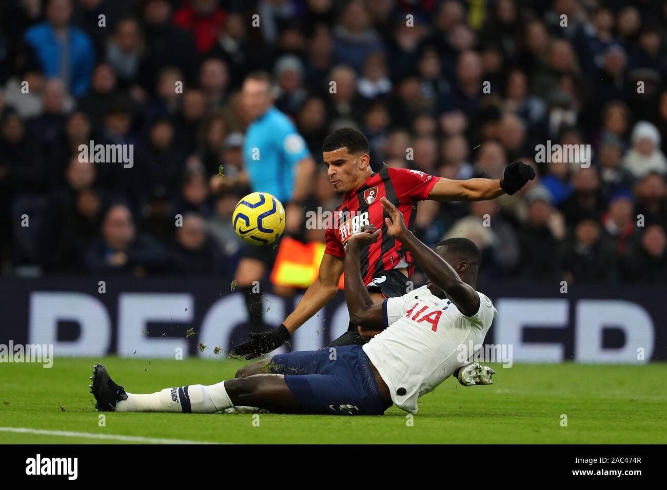 Bournemouth's forward Dominic Solanke and Tottenham's defender Davinson Sanchez compete for the ball during the Barclays Premier League match between Tottenham Hotspur and Bournemouth at the Tottenham Hotspur Stadium, London, England. On the 30th November 2019. (Photo by AFS/Espa-Images) Stock Photo