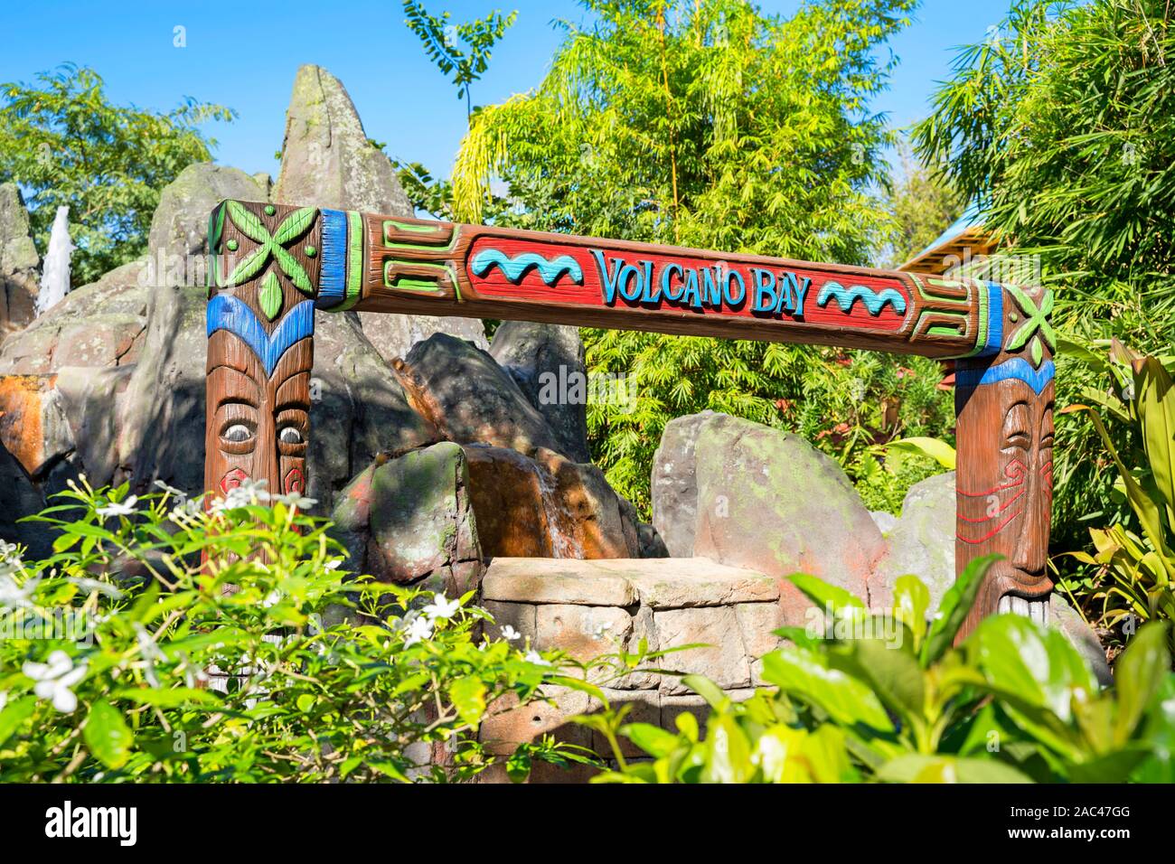 Volcano Bay Sign, to Water Park, Universal Orlando  Resort, Florida, USA Stock Photo