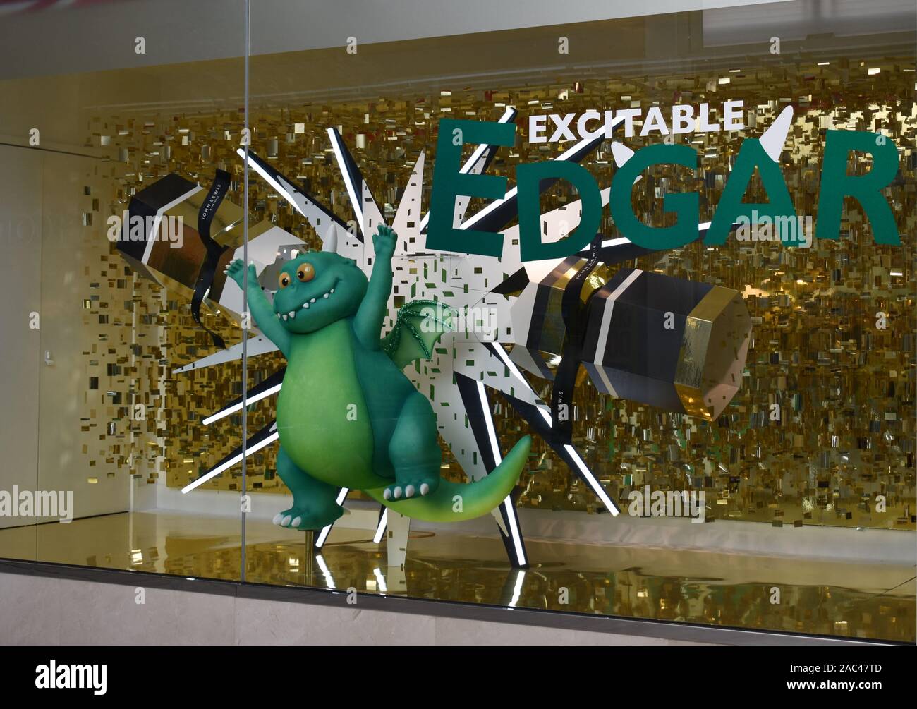 Excitable Edgar from the John Lewis and Waitrose Christmas advert - in the shop window at John Lewis Milton Keynes Stock Photo