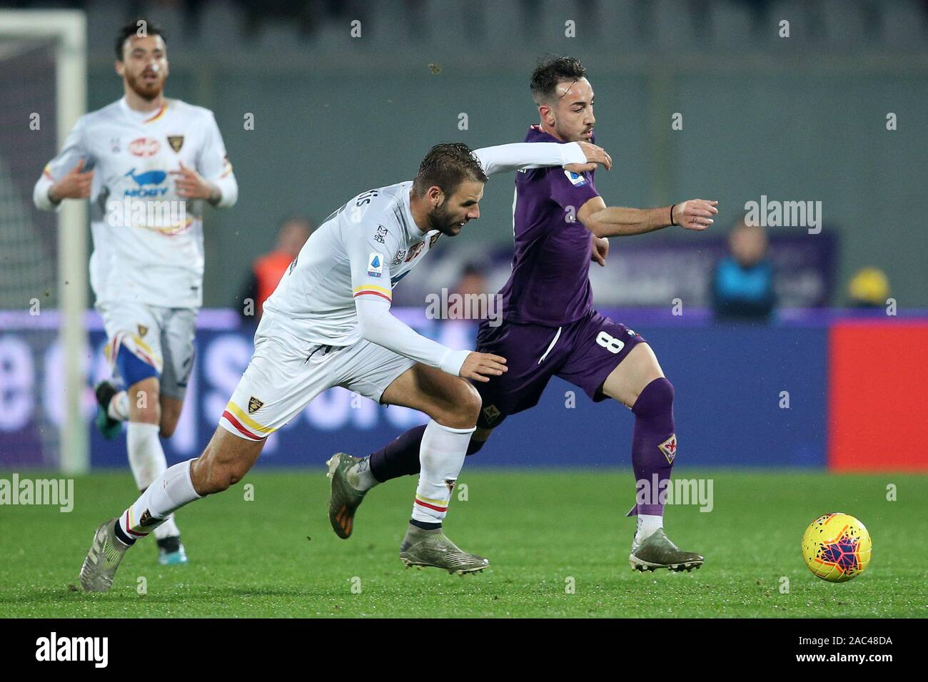 Florence, Italy. 30th Nov, 2019. Gaetano Castrovilli of ACF Fiorentina and Panagiotis Tachtsidis of US Lecce during the Serie A match between Fiorentina and Lecce at Stadio Artemio Franchi, Florence, Italy on 30 November 2019. Photo by Luca Pagliaricci. Editorial use only, license required for commercial use. No use in betting, games or a single club/league/player publications. Credit: UK Sports Pics Ltd/Alamy Live News Stock Photo