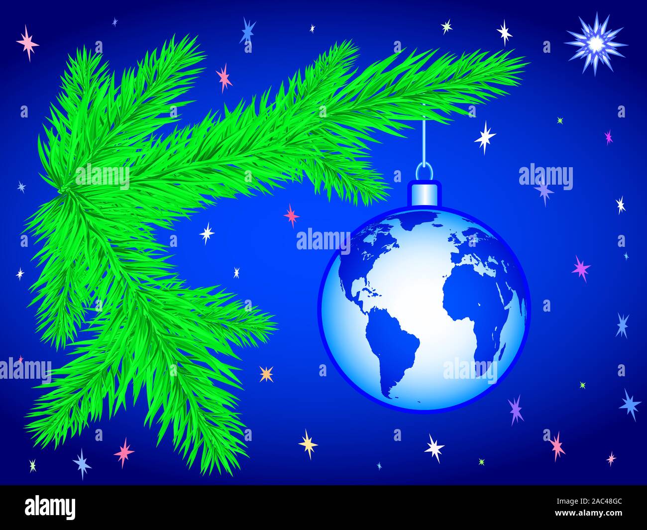 Christmas card with Globe ball and fir branch. Elements of this image furnished by NASA.  Source of map: http://visibleearth.nasa.gov/view.php?id=7451 Stock Vector