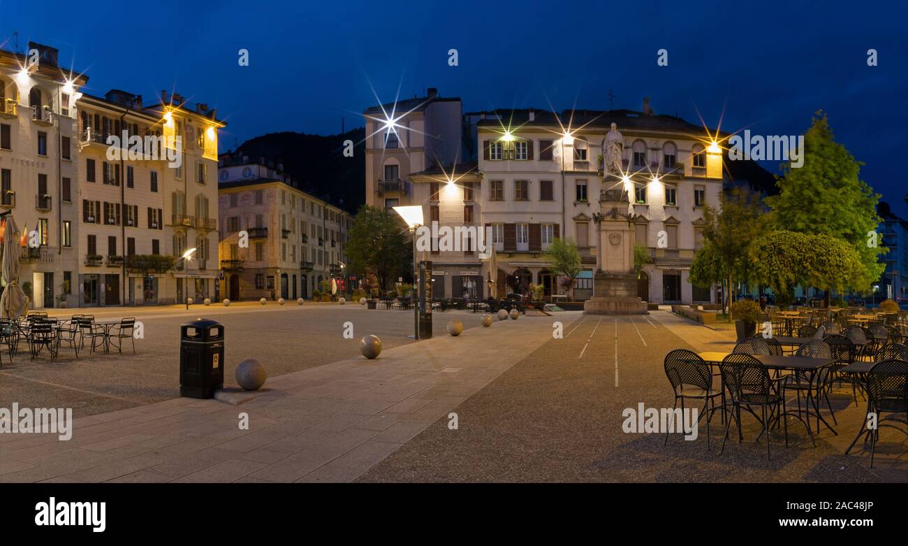COMO, ITALY - MAY 12, 2015: The square Piazza Alessandro Volta and square at dusk. Stock Photo