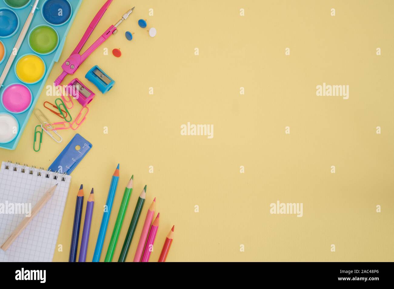 School Or Office Yellow Desk Table Background Blank Sheet Of