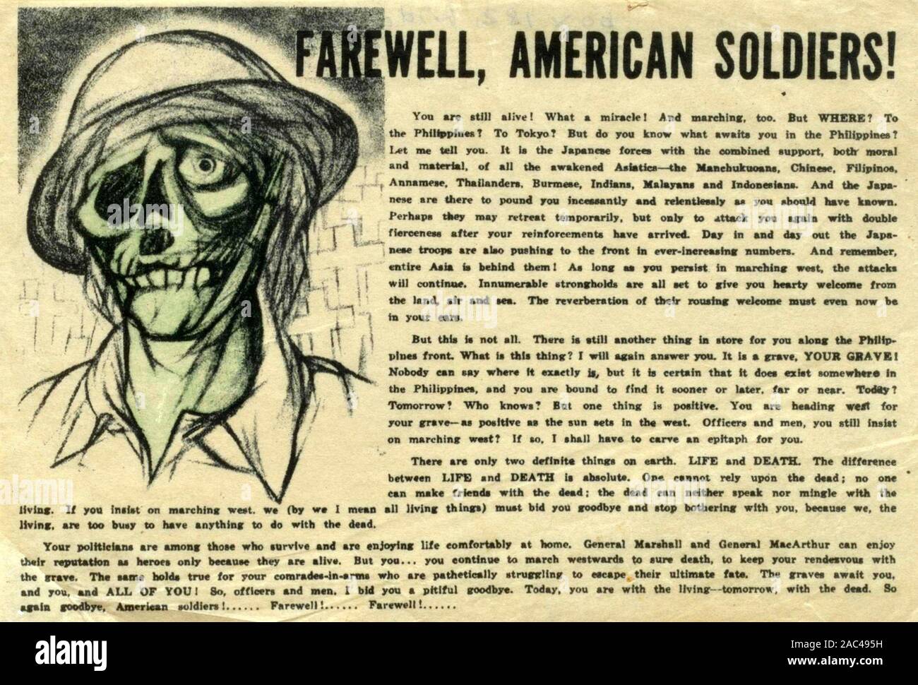 FAREWELL, AMERICAN SOLDIER Japanese  psychological warfare leaflet issued in the Pacific during WW2 Stock Photo