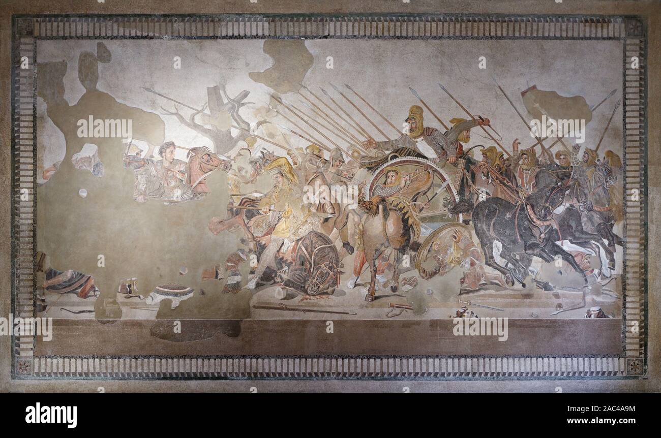 Battle of Issus (the Alexander Mosaic) Roman floor mosaic originally from the House of the Faun in Pompeii (Pompei). It depicts a battle between the a Stock Photo