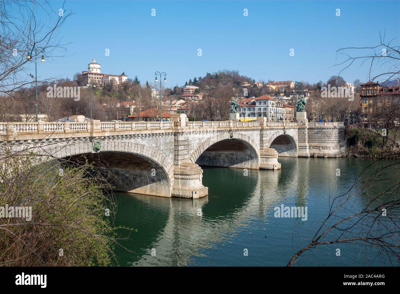 Turin - The Bridge Umberto I and the Mount Of The Capuchins. Stock Photo