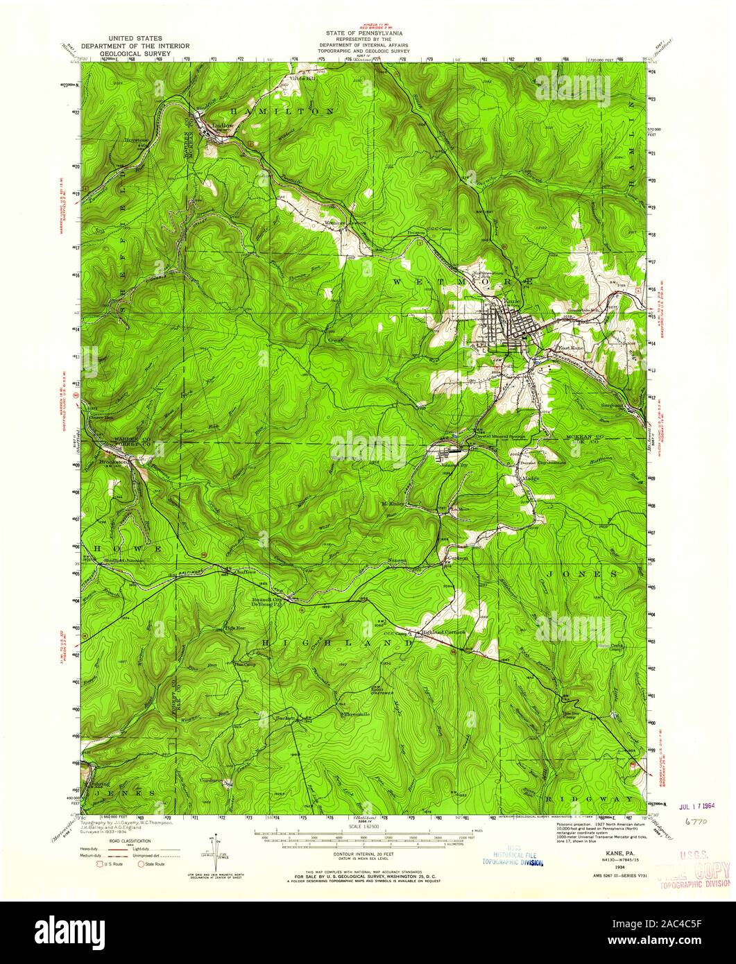 USGS TOPO Map Pennsylvania PA Kane 170900 1934 62500 Restoration Stock Photo