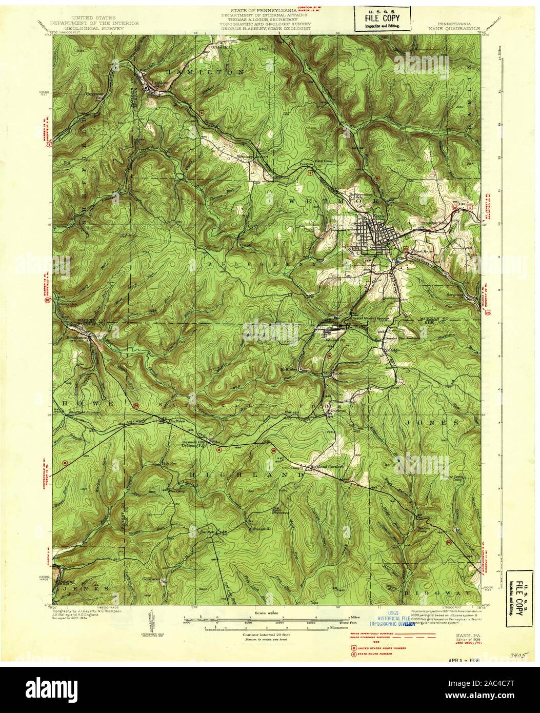 USGS TOPO Map Pennsylvania PA Kane 170903 1939 62500 Restoration Stock Photo