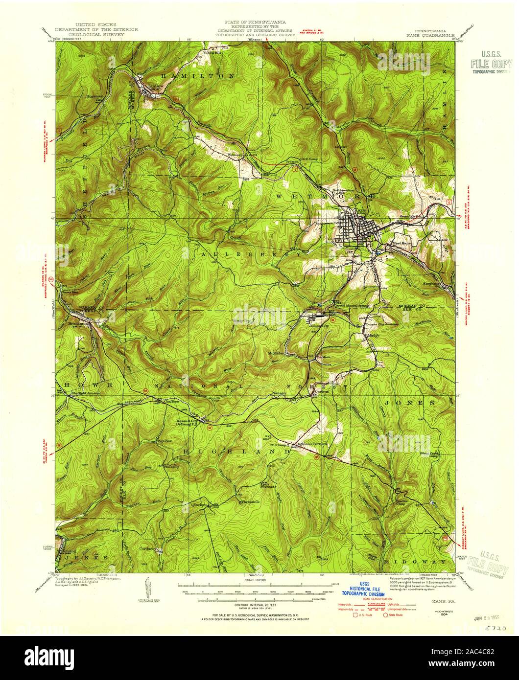 USGS TOPO Map Pennsylvania PA Kane 170901 1934 62500 Restoration Stock Photo