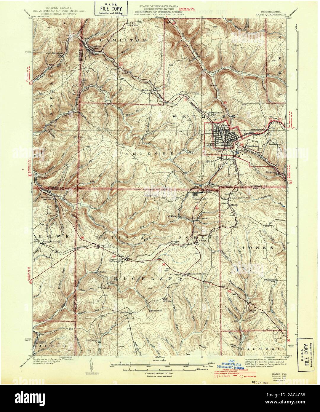 USGS TOPO Map Pennsylvania PA Kane 170905 1939 62500 Restoration Stock Photo