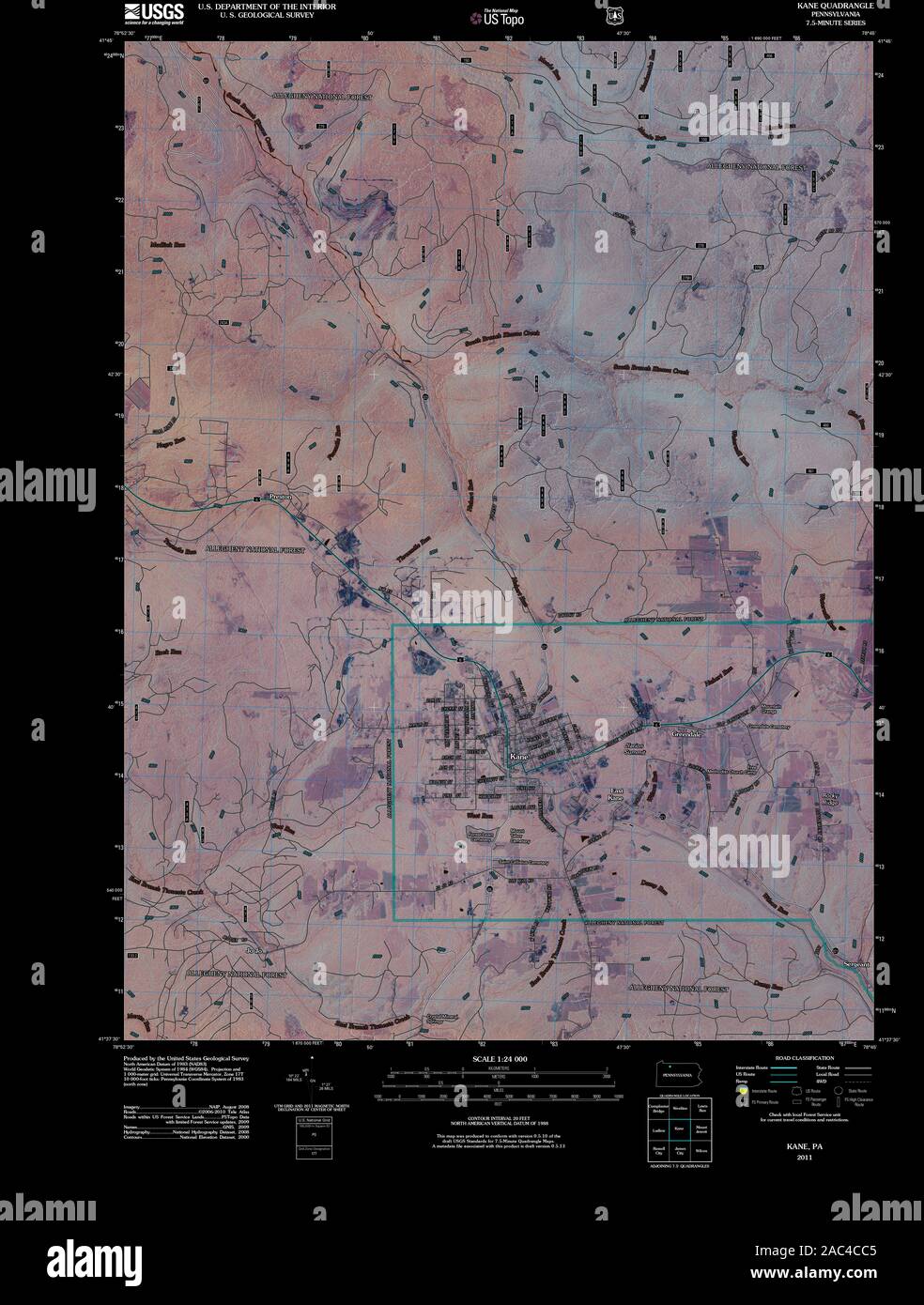 USGS TOPO Map Pennsylvania PA Kane 20110427 TM Inverted Restoration Stock Photo