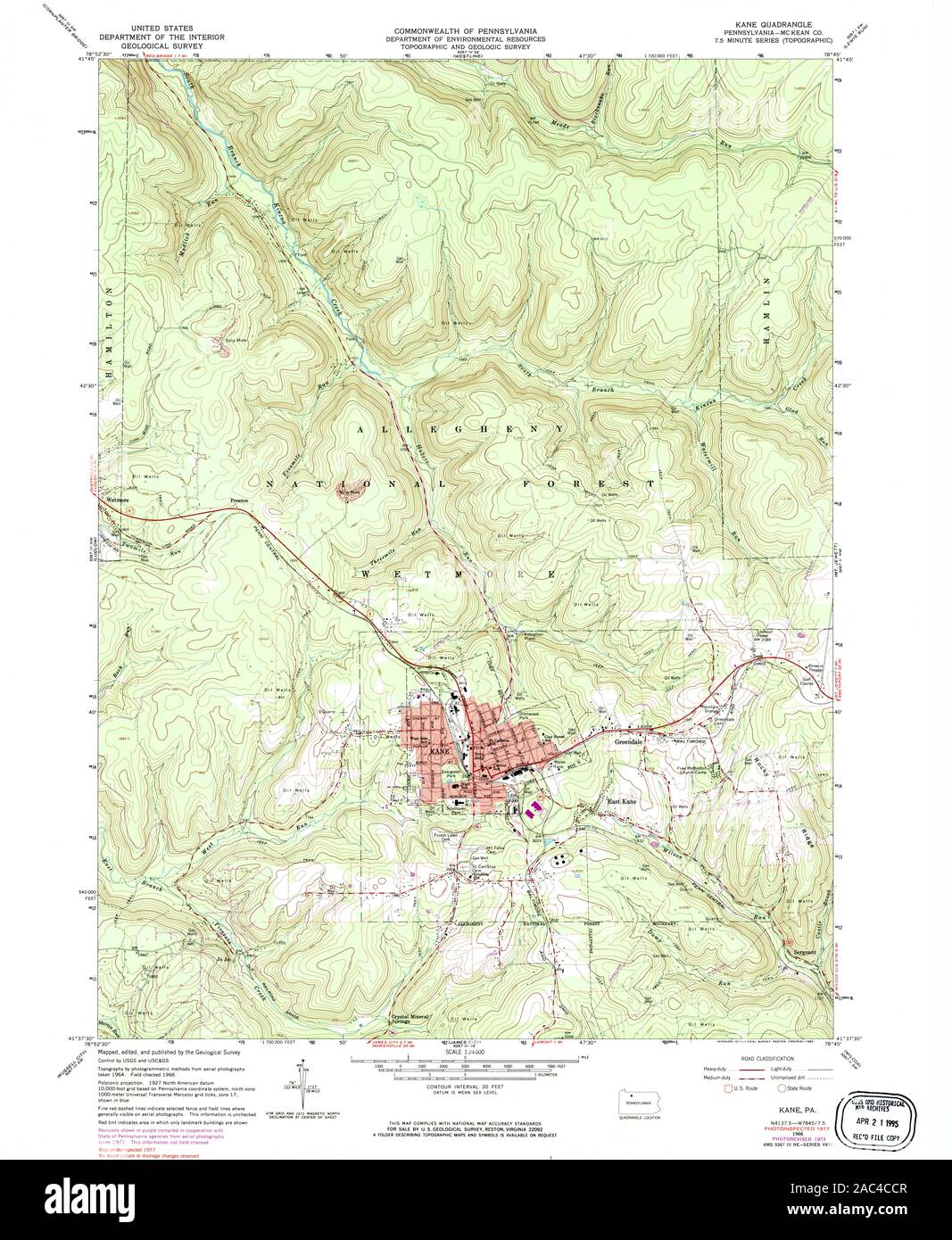 USGS TOPO Map Pennsylvania PA Kane 170909 1966 24000 Restoration Stock Photo