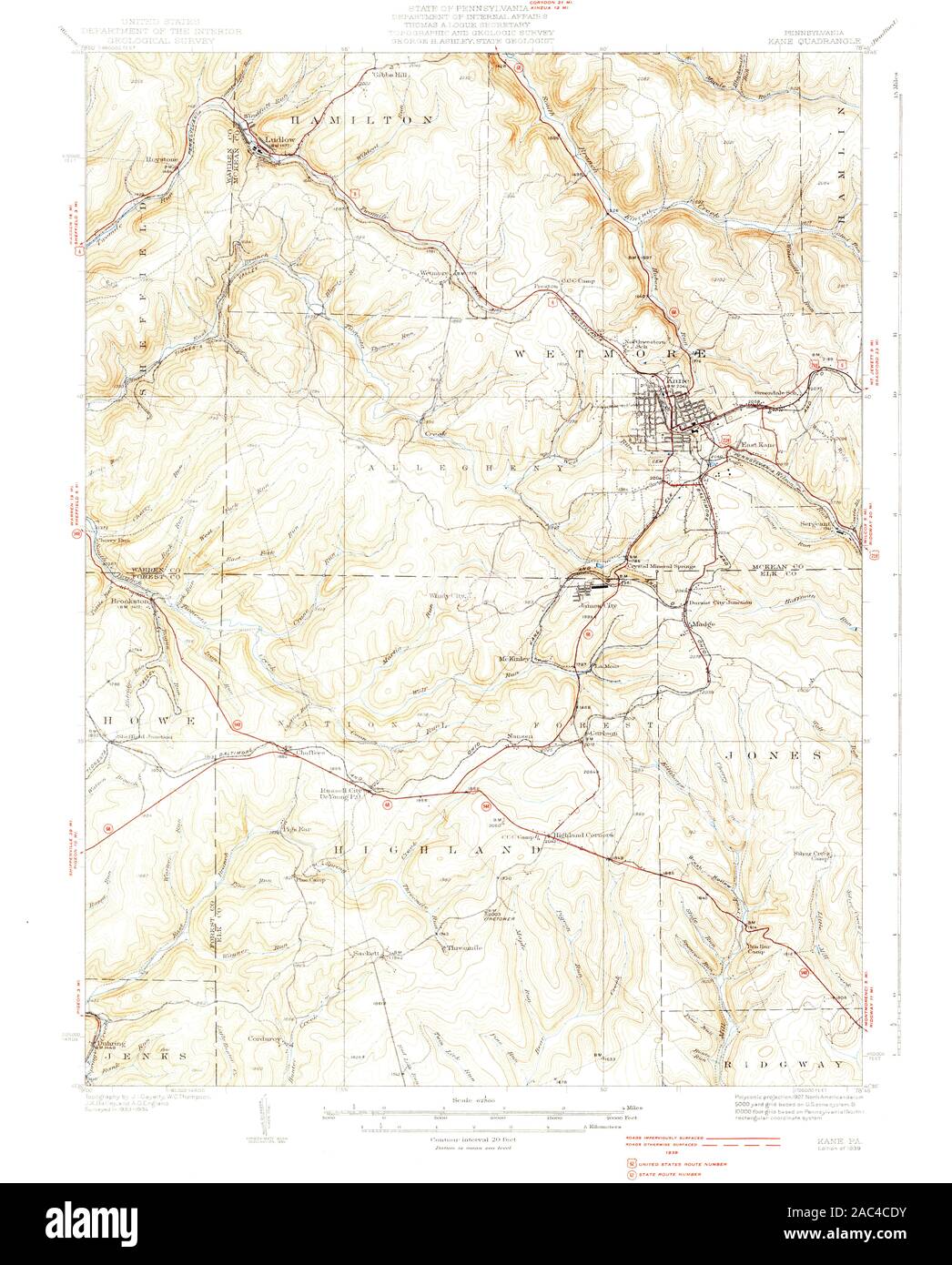 USGS TOPO Map Pennsylvania PA Kane 461782 1939 62500 Restoration Stock Photo