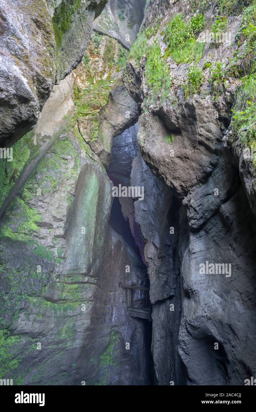 RIVA DEL GARDA, ITALY - JUNE 7, 2019: The waterfall in cave Cascata Varone near the Riva del Garda and Lago di Garda lake. Stock Photo