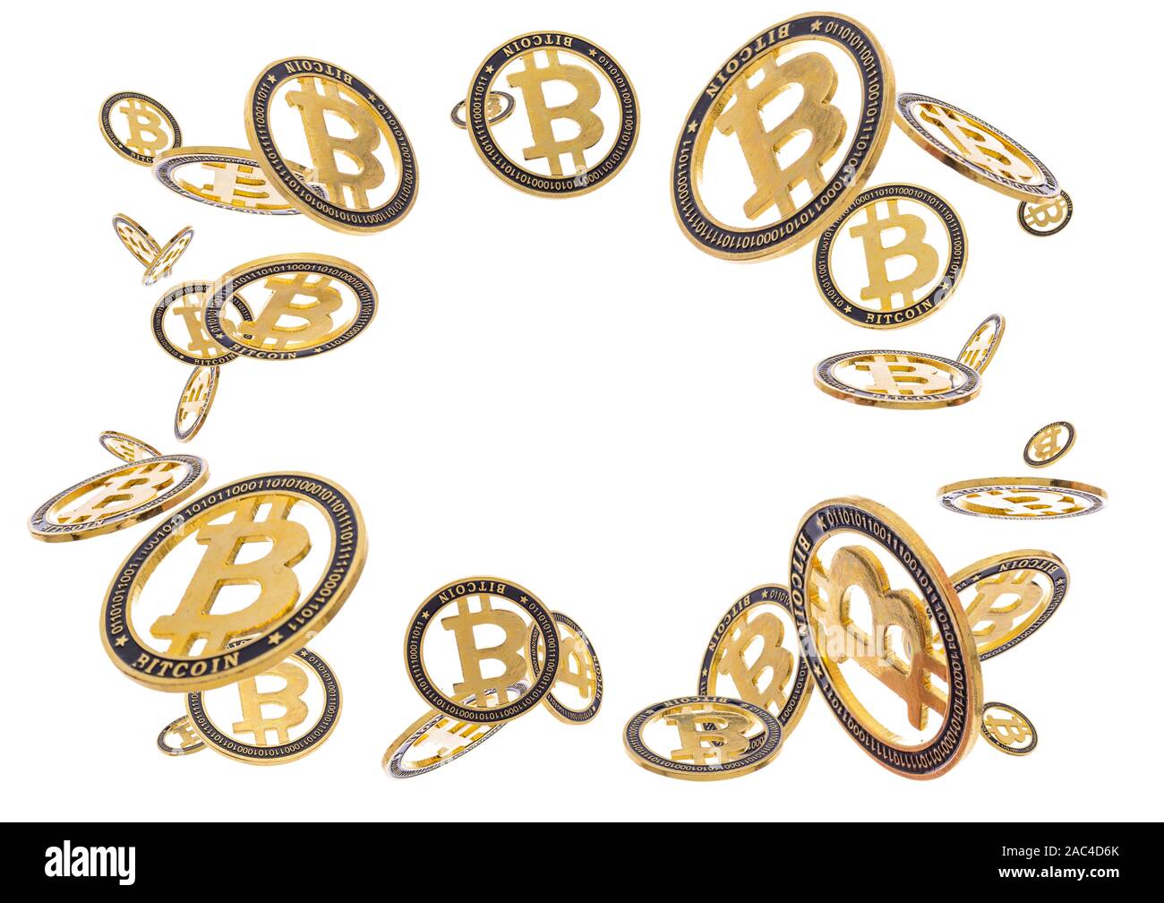 Gold cryptocoin Bitcoin explosion. Isolated on white Stock Photo