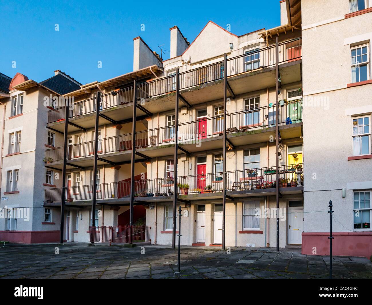 Old balconied tenement flats, Tron Square, Edinburgh, Scotland, UK