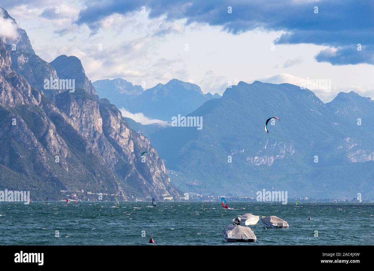 The windsurfers on the Lago di Garda. Stock Photo