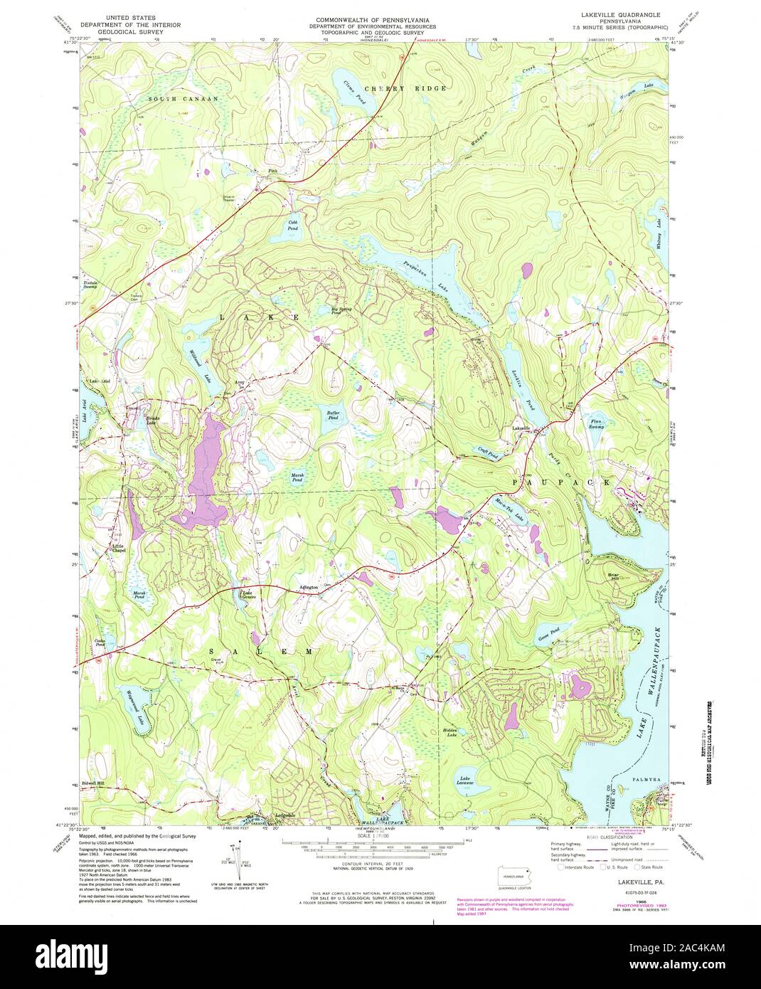 USGS TOPO Map Pennsylvania PA Lakeville 171020 1966 24000 Restoration Stock Photo