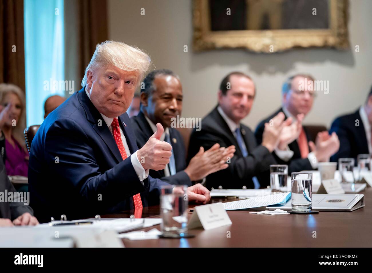 President Donald J. Trump and Vice President Mike Pence participate in a Cabinet meeting Tuesday, Nov. 19, 2019, in the Cabinet Room of the White House. Stock Photo