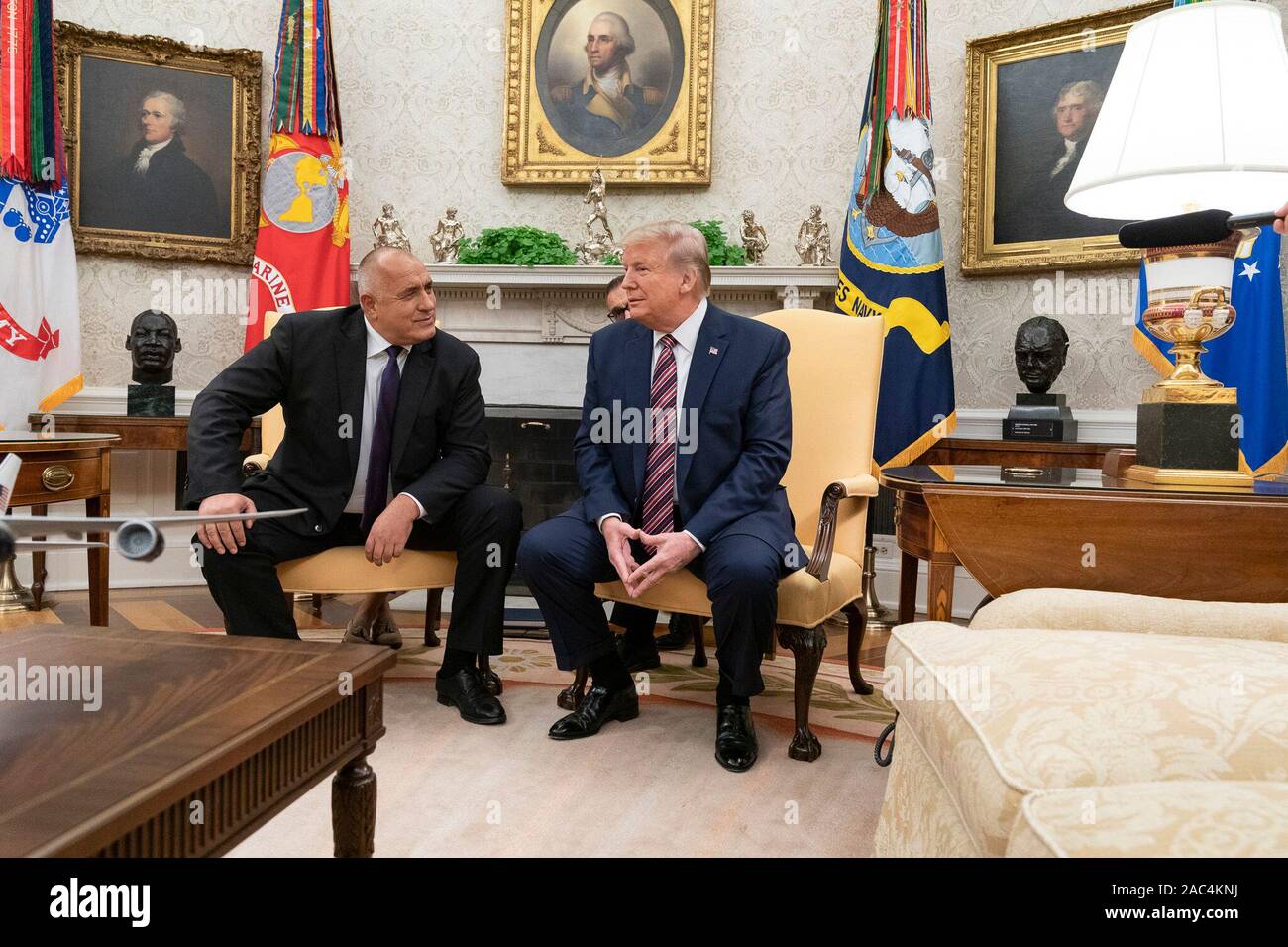 President Donald J. Trump meets with Bulgarian Prime Minister Boyko Borissov Monday, Nov. 25, 2019, in the Oval Office of the White House. Stock Photo