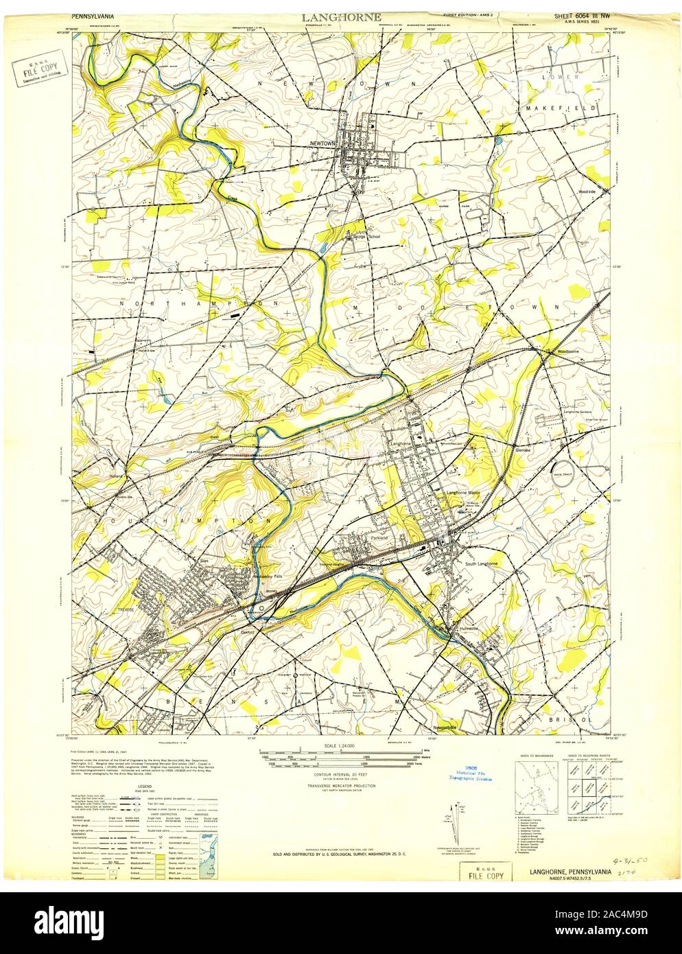 USGS TOPO Map Pennsylvania PA Langhorne 171047 1947 24000 Restoration Stock Photo