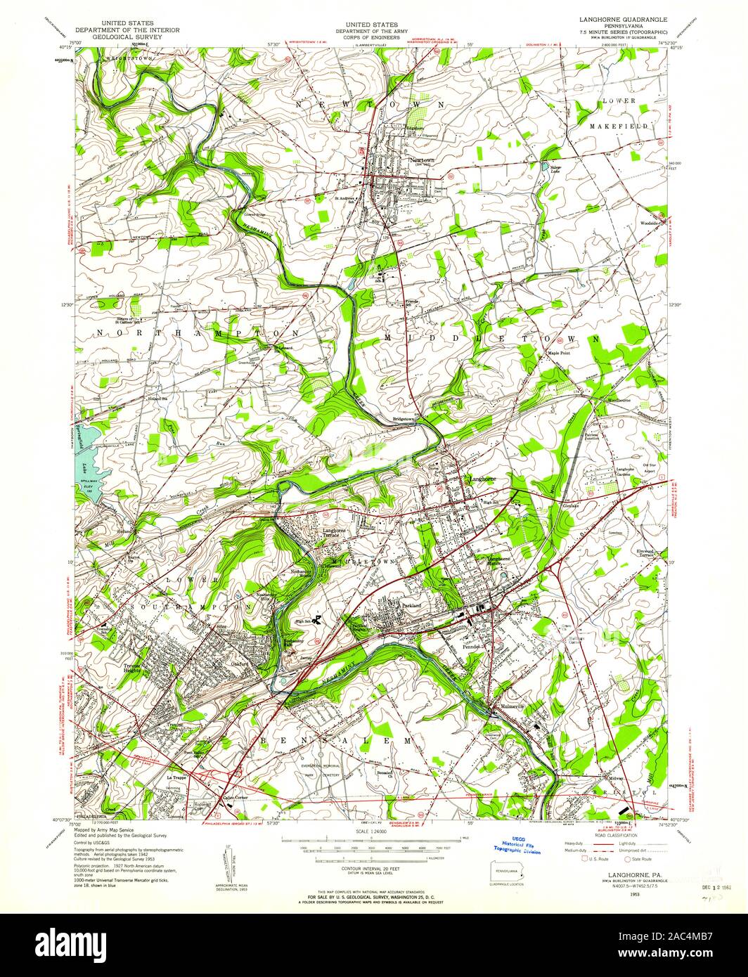 USGS TOPO Map Pennsylvania PA Langhorne 171049 1953 24000 Restoration Stock Photo