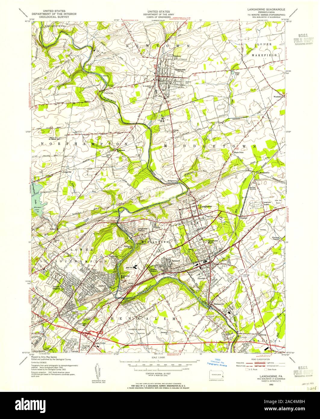USGS TOPO Map Pennsylvania PA Langhorne 171048 1953 24000 Restoration Stock Photo