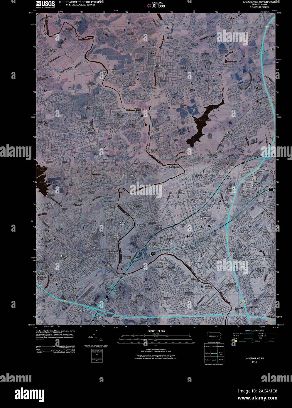 USGS TOPO Map Pennsylvania PA Langhorne 20100617 TM Inverted Restoration Stock Photo