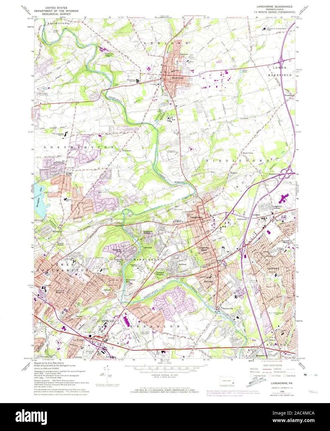 USGS TOPO Map Pennsylvania PA Langhorne 171051 1966 24000 Restoration Stock Photo