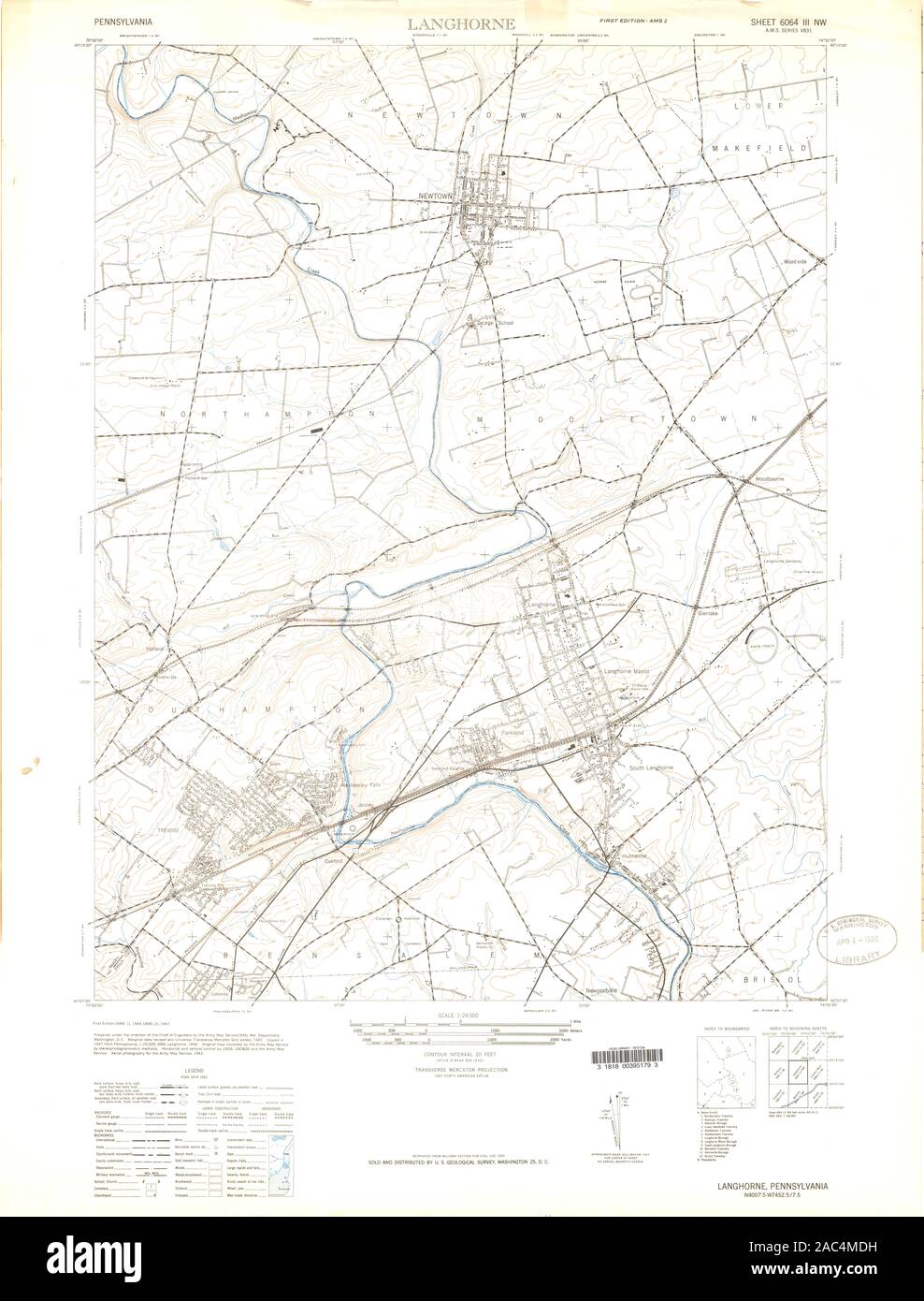 USGS TOPO Map Pennsylvania PA Langhorne 461788 1944 24000 Restoration Stock Photo