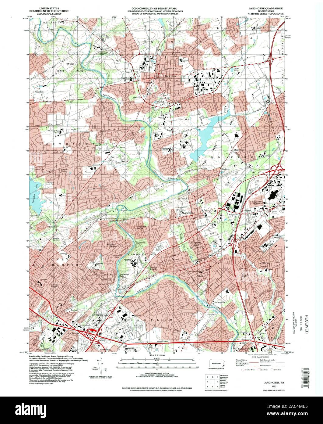 USGS TOPO Map Pennsylvania PA Langhorne 222964 1993 24000 Restoration Stock Photo