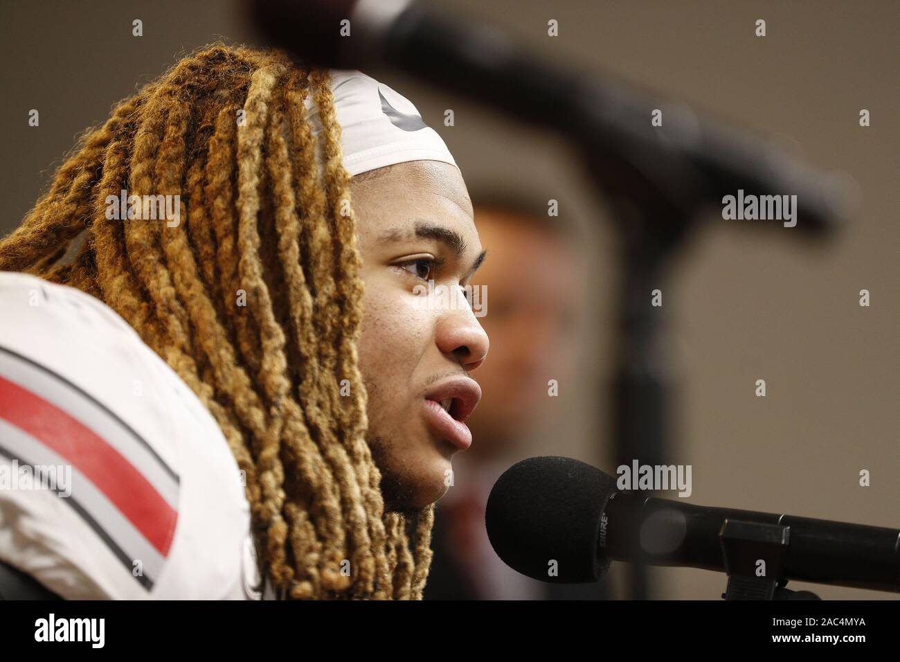 Ann Arbor, United States. 30th Nov, 2019. Ohio State Buckeye's Chase Young (2) speaks to the media after the Buckeyes defeated the Michigan Wolverines Saturday, November 30, 2019 in Ann Arbor, Michigan. Photo by Aaron Josefczyk/UPI Credit: UPI/Alamy Live News Stock Photo