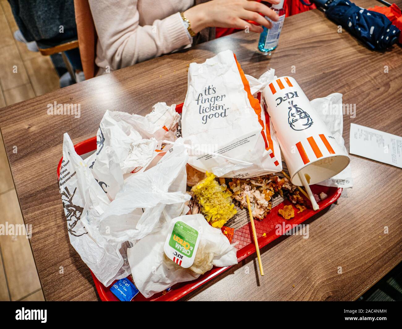 Nice, France - Nov 24, 2019: Overhead view of woman and tray with multiple KFC  Kentucky Fried Chicken food waste after copious meal Stock Photo - Alamy