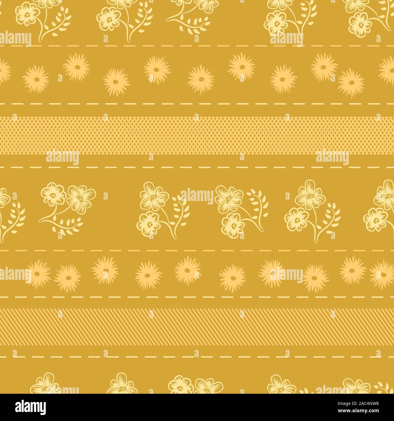 seamless vector pattern with stripes and flowers in mustard yellow Stock Vector