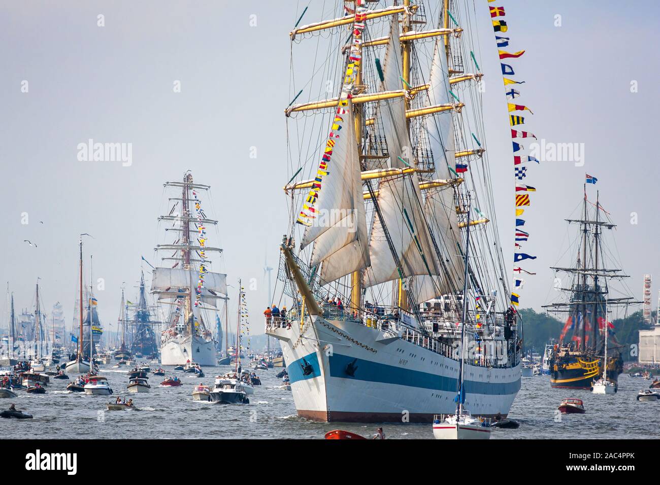 Russian STS Mir, Мир, meaning Peace, three-masted tall ship from Russia sailing into Amsterdam during the Amsterdam Sail 2015 Tall Ships event. Stock Photo