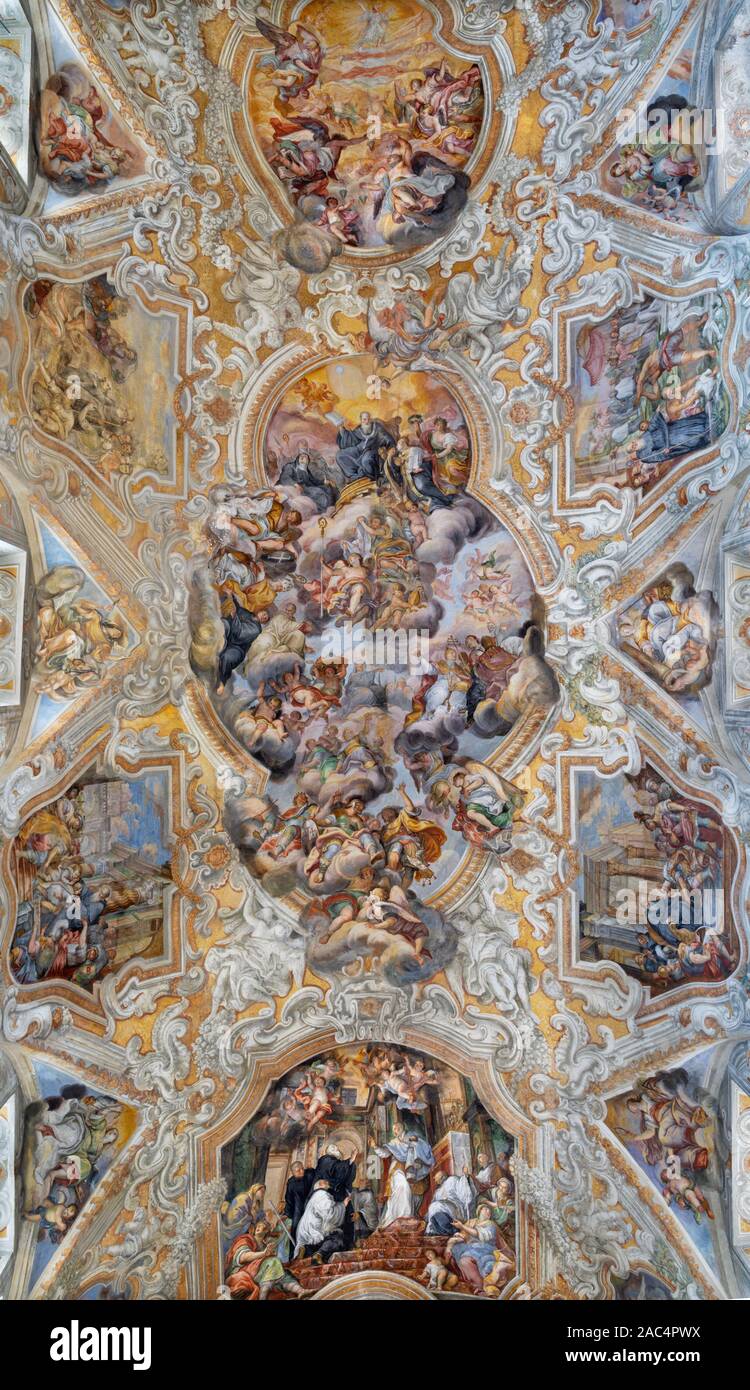CATANIA, ITALY - APRIL 7, 2018: The vault fresco of Saint Benedict among the saints in church Chiesa di San Benedetto by Giovanni Tuccari (1667–1743). Stock Photo