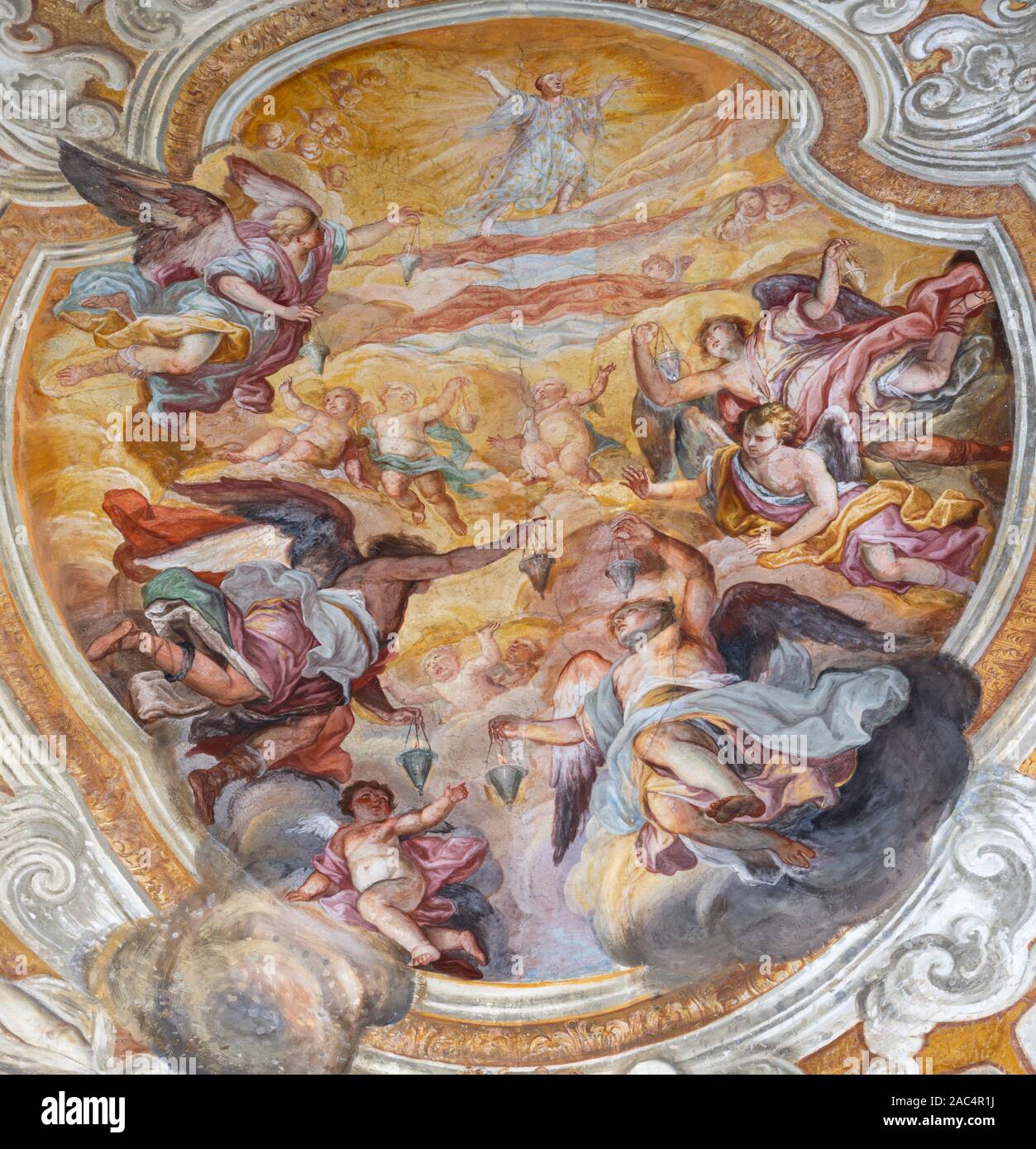 CATANIA, ITALY - APRIL 7, 2018: The vault fresco of Apotheosis of Saint Benedict in church Chiesa di San Benedetto by Giovanni Tuccari (1667–1743). Stock Photo