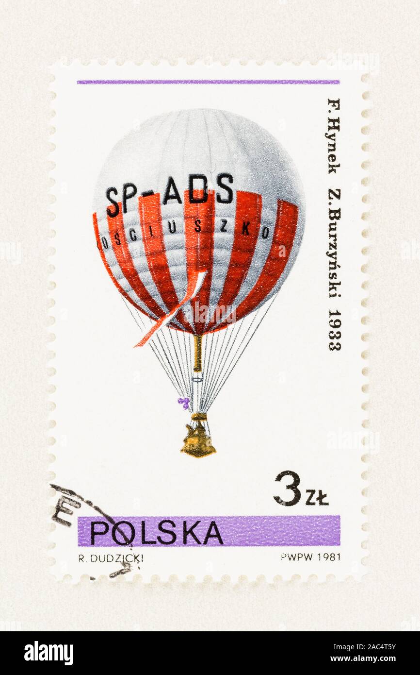 SEATTLE WASHINGTON - October 9, 2019: Polish postage stamp commemorating two Polish balloonists, Hynek and Burzynski, and their record breaking flight Stock Photo