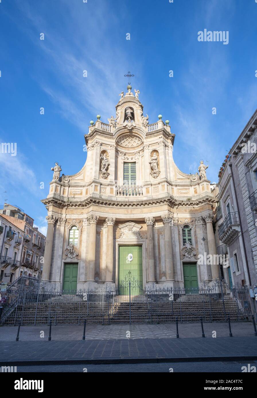 CATANIA, ITALY - APRIL 7, 2018: The baroque facade of church Basilica Collegiata. Stock Photo